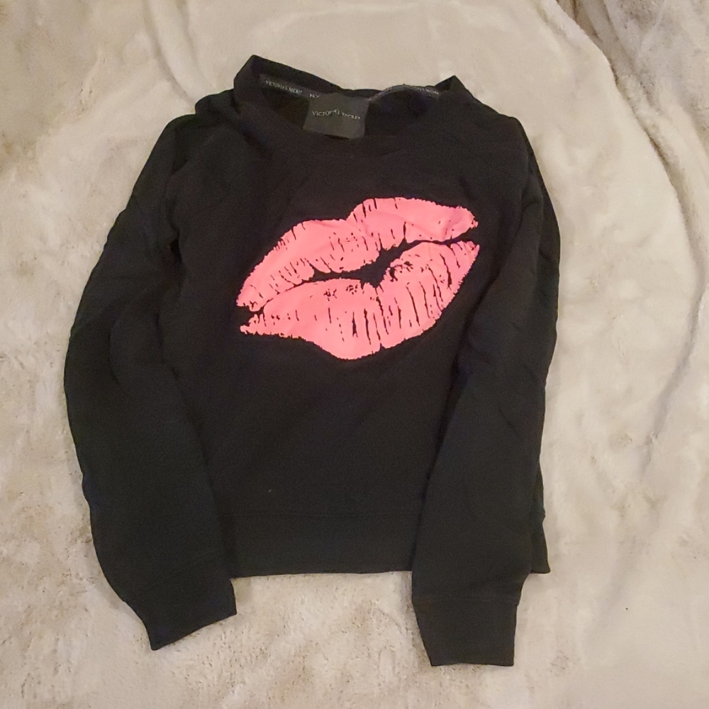 black Victoria's Secret crewneck sweatshirt with a neon pink lip graphic. Small